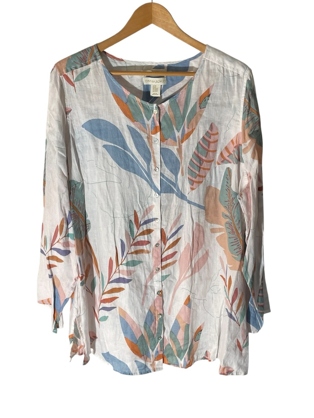 X4- Cynthia ROWLEY Linen White Button-Front Top with Pastel Botanical Print